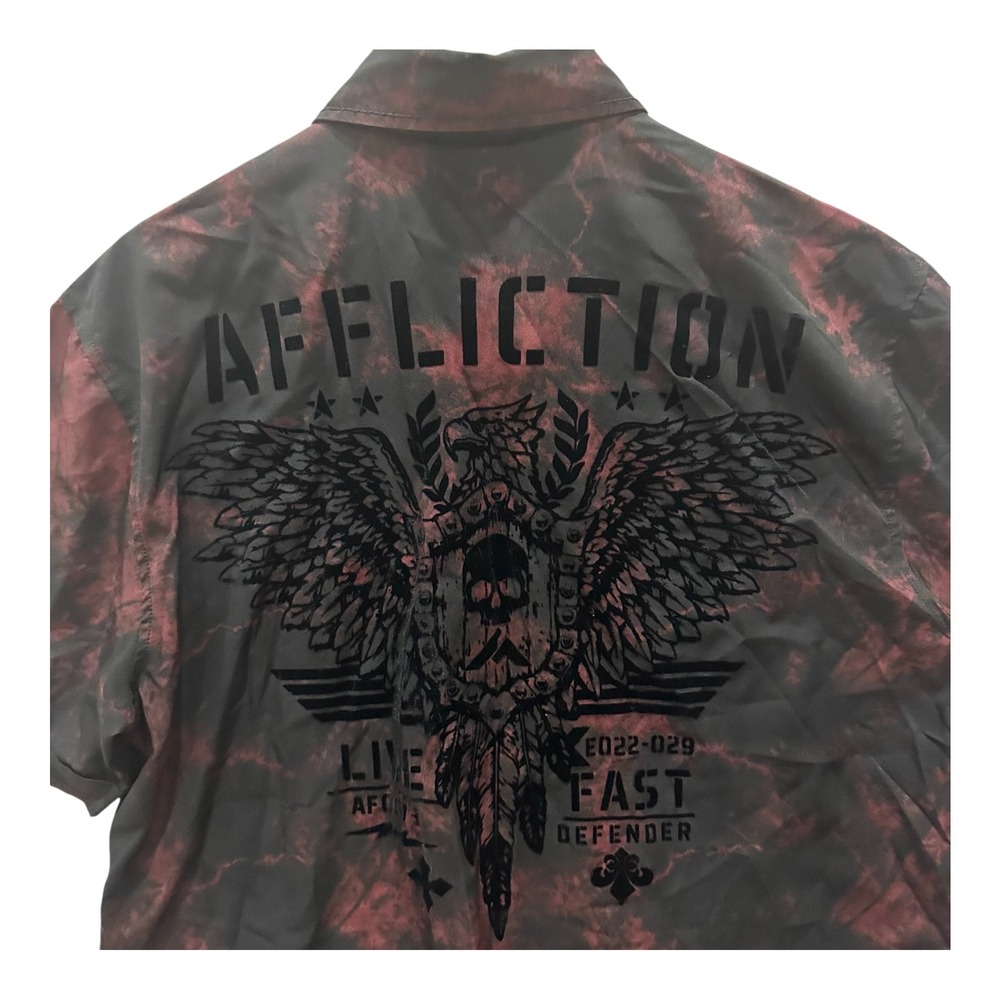 Affliction Live Fast Shirt Mens XL Red Black Tie Dye Velvet Graphics *Flaw